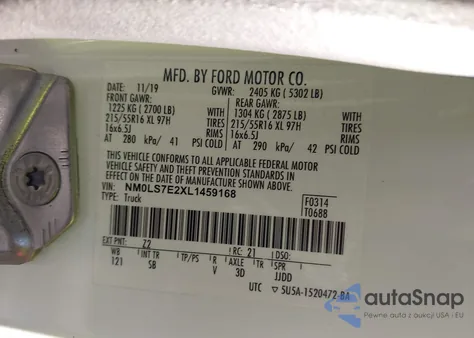 2020 Ford Transit Connect Xl z USA, uszkodzony, nr VIN NM0LS7E2XL1459168